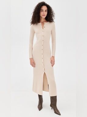 H&M Beige Ribbed Long Sleeve Button Up Midi Dress Women’s Size Medium NWOT